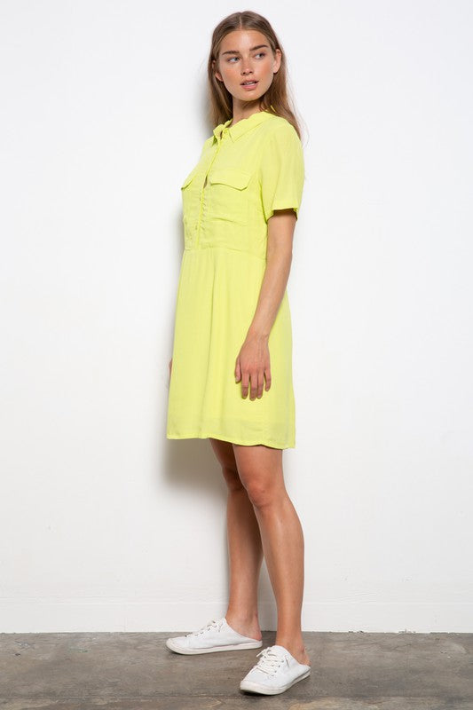 CREPE CHEST POCKETED WOVEN SHIRT DRESS