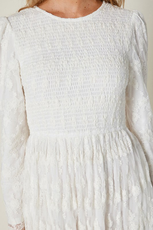 PLUS Smocked Top Embroidery Mesh White Dress