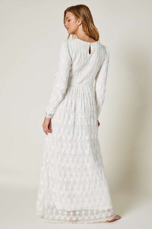 PLUS Smocked Top Embroidery Mesh White Dress