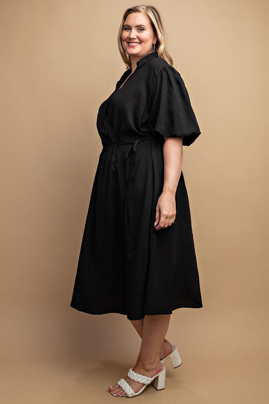 Textured Woven and Elastic Waist Midi Dress  Plus Size
