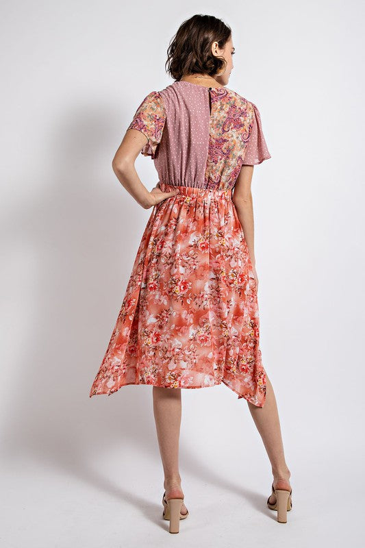 Twist Front Elastic Waist Floral Midi Dress