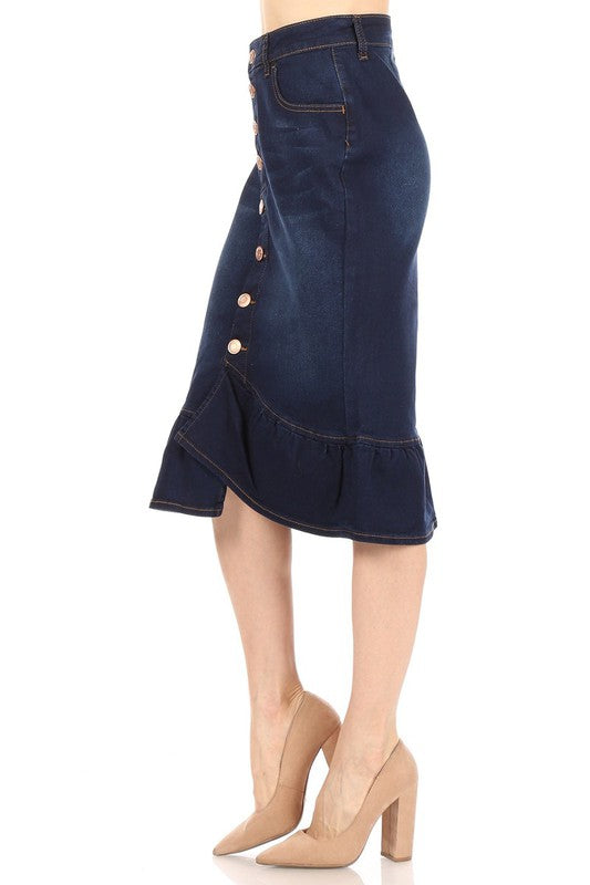 Stretch Denim Calf-length Skirt with Ruffle Bottom