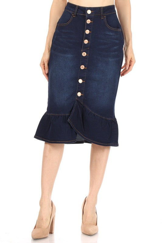 Stretch Denim Calf-length Skirt with Ruffle Bottom