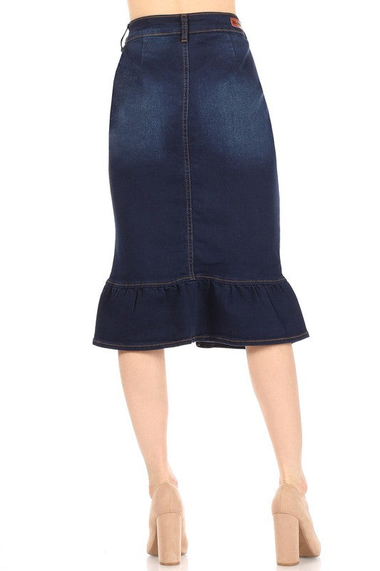 Stretch Denim Calf-length Skirt with Ruffle Bottom