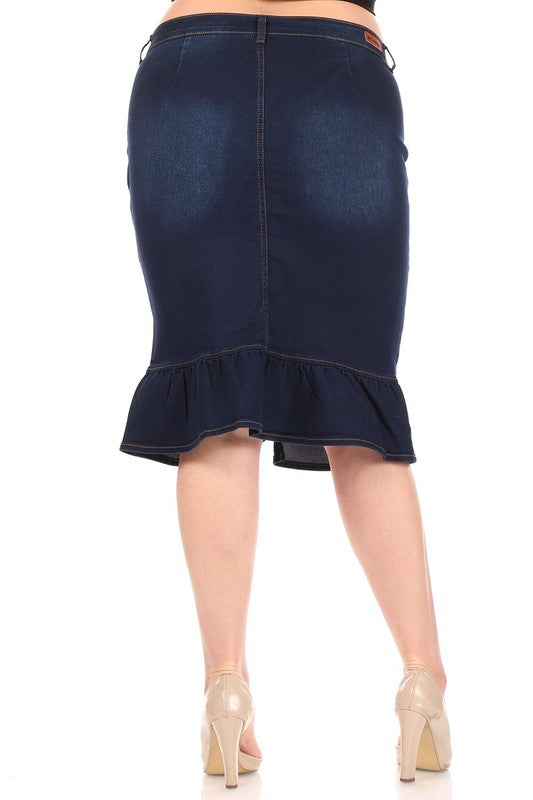 Stretch Denim Calf-length Skirt with Ruffle Bottom