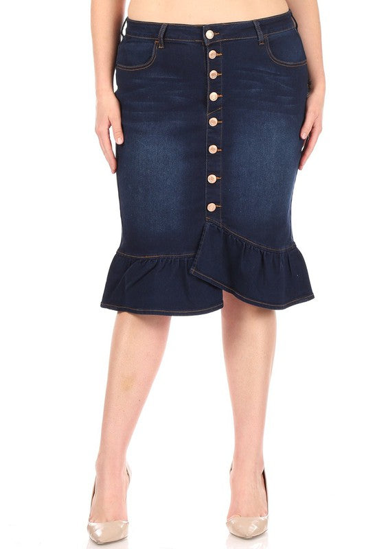 Stretch Denim Calf-length Skirt with Ruffle Bottom