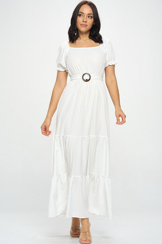 Solid Short Puff Sleeve Tiered Maxi Dress