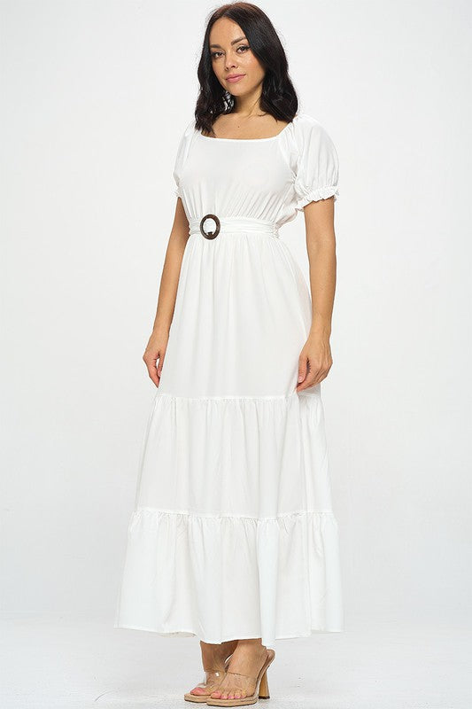 Solid Short Puff Sleeve Tiered Maxi Dress