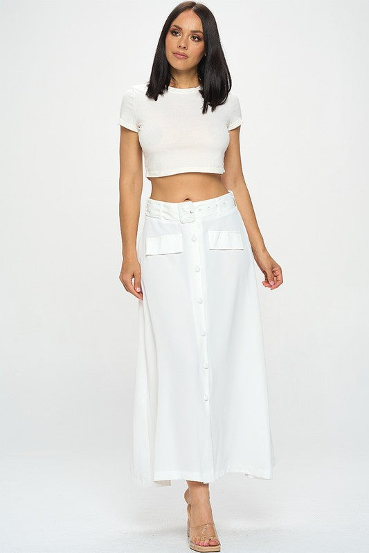 Solid Belted Long Skirt With Button Closure