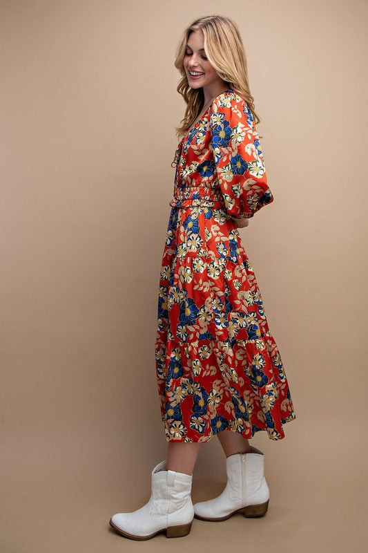 Floral Printed Ruffle Tiered Midi Dress