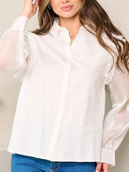OFF WHITE LONG SHEER SLEEVES BUTTON UP RUFFLE BLOUSE TOP