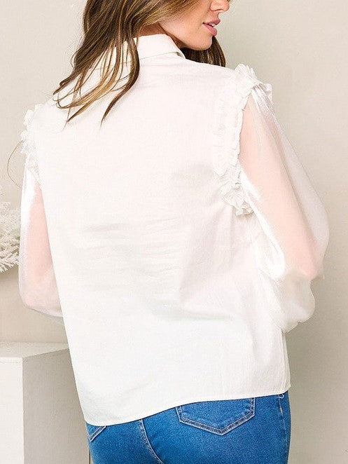 OFF WHITE LONG SHEER SLEEVES BUTTON UP RUFFLE BLOUSE TOP