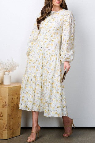 BUTTON UP TIERED EYELET FLORAL MIDI DRESS