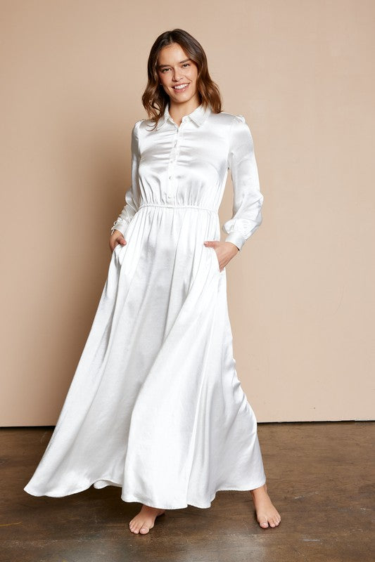 White Dull Satin Button Down Dress Plus Size available