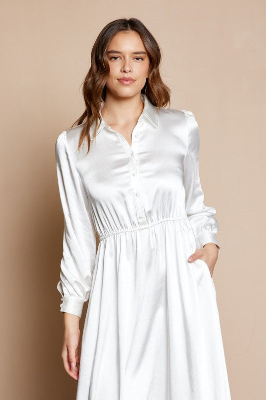 White Dull Satin Button Down Dress Plus Size available