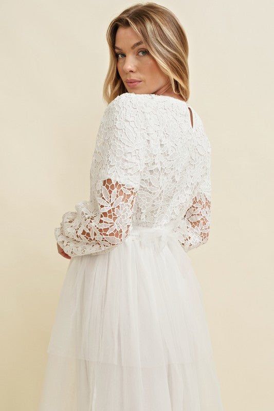 White Lace Long Sleeve Tulle Midi Dress