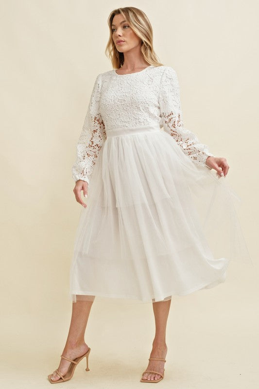 White Lace Long Sleeve Tulle Midi Dress