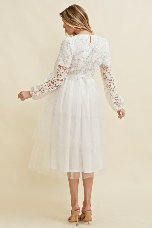 White Lace Long Sleeve Tulle Midi Dress