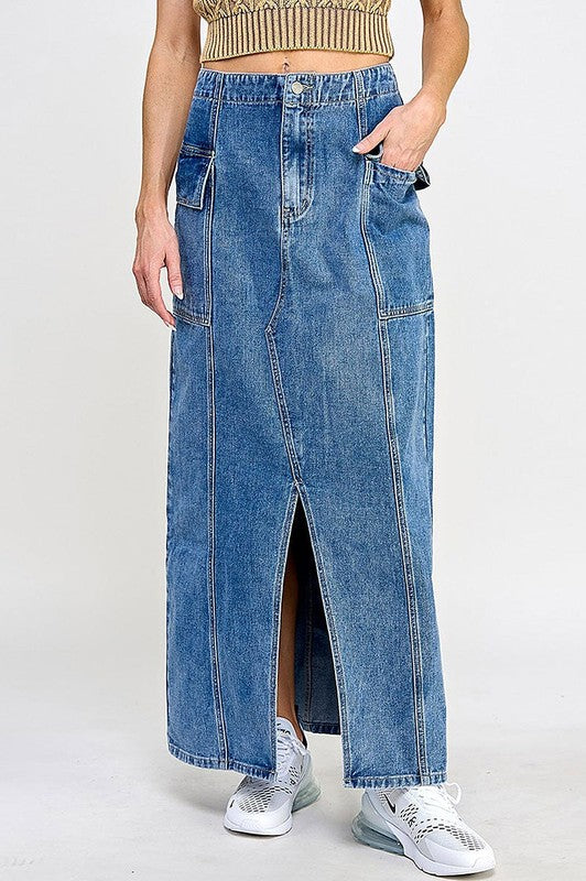 BUTTON CLOSURE POCKETS FRONT SLIT DENIM MAXI SKIRT