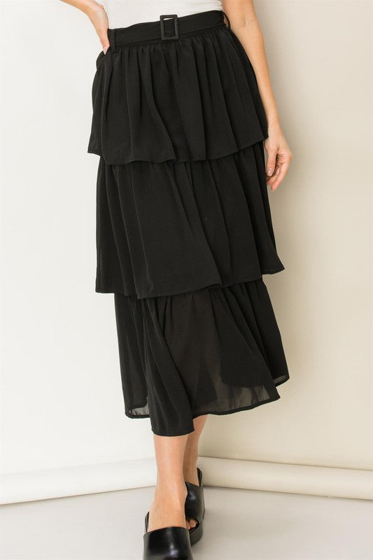 SWEET HIGH-WAISTED RUFFLED MIDI SKIRT FINAL SALE NO RETURNS OR EXCHANGES
