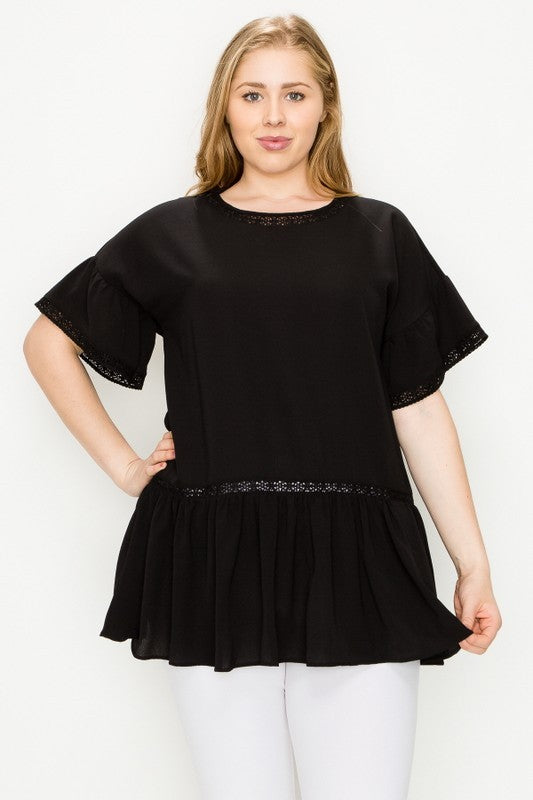 Plus Size Koshibo Solid Crochet Ruffled Top FINAL SALE NO RETURNS OR EXCHANGES