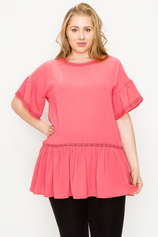 Plus Size Koshibo Solid Crochet Ruffled Top FINAL SALE NO RETURNS OR EXCHANGES