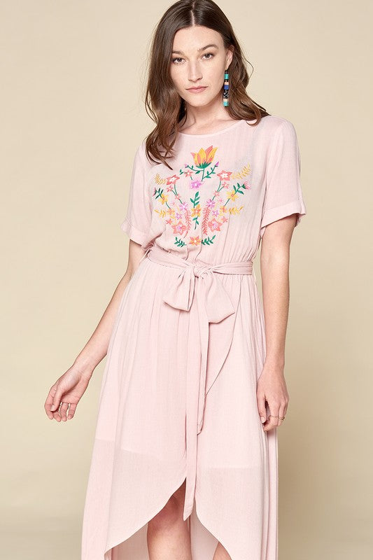 Tulip Hem Dress with Embroidery Detail on Yoke FINAL SALE NO RETURNS OR EXCHANGES