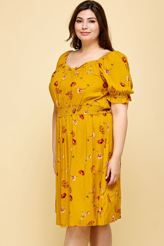 PLUS SIZE PEASANT SMOCKED WAIST DRESS IN YELLOW FINAL SALE NO RETURNS OR EXCHANGES