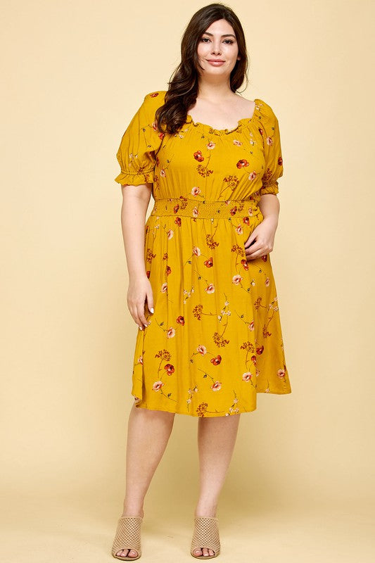PLUS SIZE PEASANT SMOCKED WAIST DRESS IN YELLOW FINAL SALE NO RETURNS OR EXCHANGES