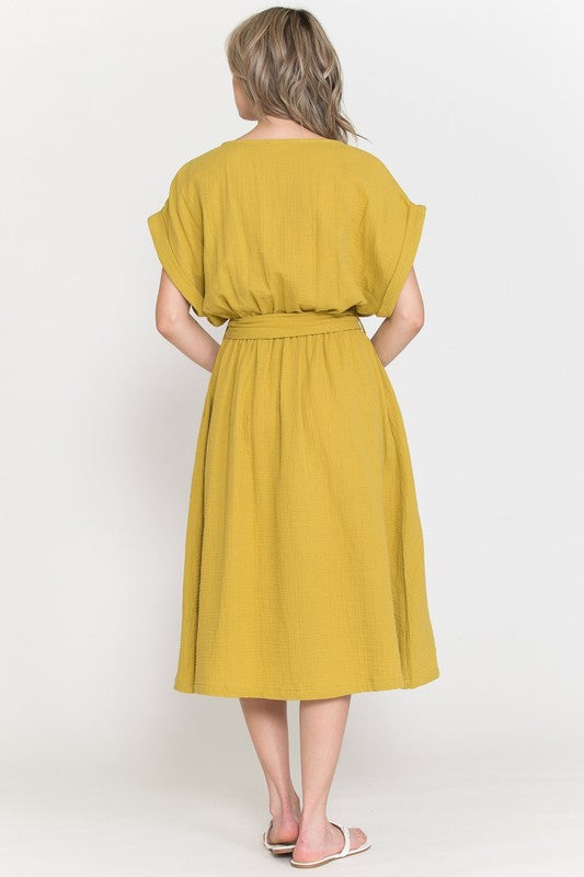 BOAT NECK SHORT SLEEVE MIDI DRESS WITH TIE FINAL SALE NO RETURN OR EXCHANGES