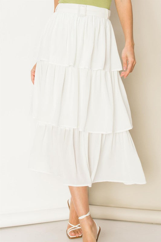 SWEET HIGH-WAISTED RUFFLED MIDI SKIRT FINAL SALE NO RETURNS OR EXCHANGES