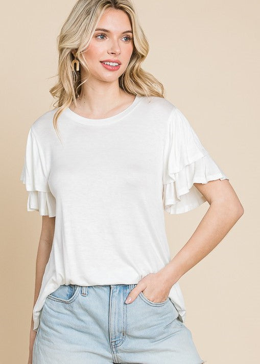 Round Neck Semi Loose Ruffle Sleeve Top FINAL SALE NO RETURN OR EXCHANGES