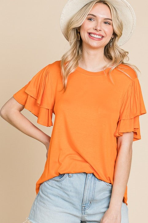 Round Neck Semi Loose Ruffle Sleeve Top FINAL SALE NO RETURN OR EXCHANGES