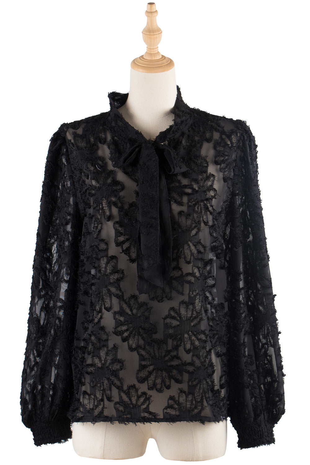FASHION JACQUARD FLOCKED LONG-SLEEVED BOW-KNOT SHIRT PLUS SIZE FINAL SALE NO RETURNS OR EXCHANGES