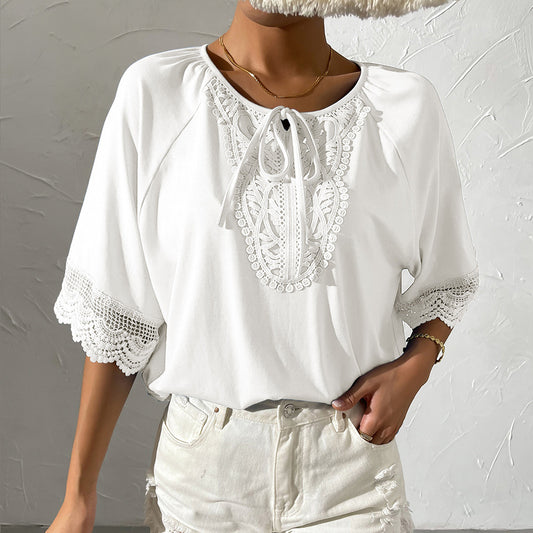 WOMEN'S LACE EMBROIDER BATWING SLEEVE LACE-UP BLOUSES OFF WHITE FINAL SALE NO RETURN OR EXCHANGES