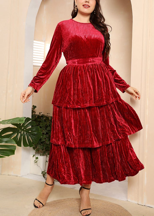 LONG SLEEVE SOLID COLOR PLEATS TIERED MAXI DRESS PLUS SIZE/ FINAL SALE NO RETURNS OR EXCHANGES