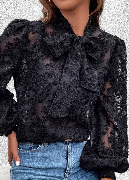 FASHION JACQUARD FLOCKED LONG-SLEEVED BOW-KNOT SHIRT  FINAL SALE NO RETURNS OR EXCHANGES