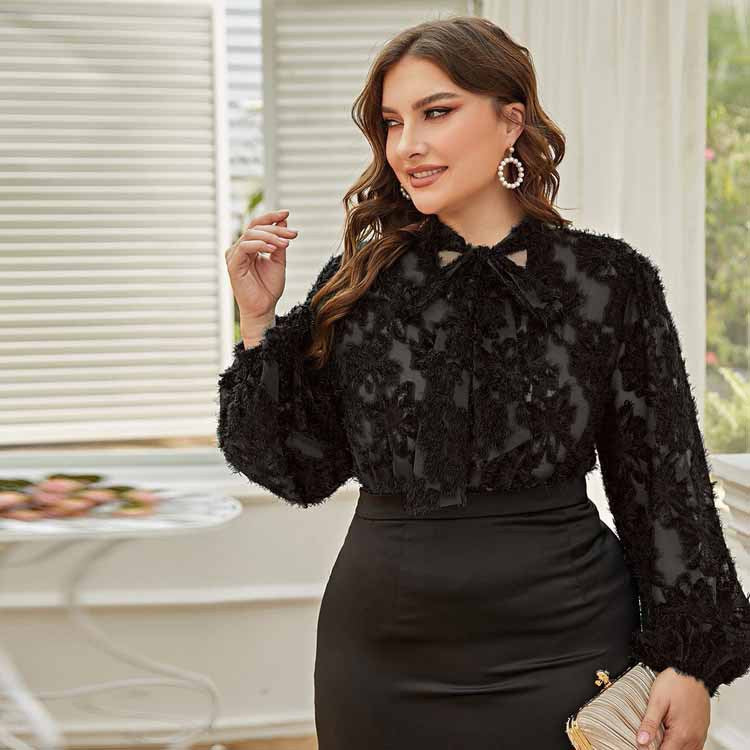 FASHION JACQUARD FLOCKED LONG-SLEEVED BOW-KNOT SHIRT PLUS SIZE FINAL SALE NO RETURNS OR EXCHANGES